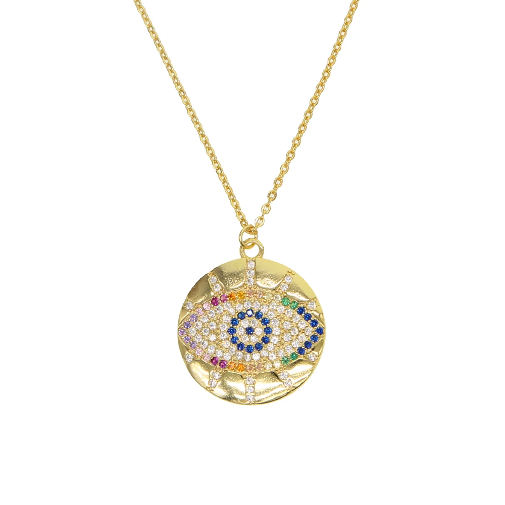 2024 Turkish Colorful Evil Eye Lucky Women Ladyes Gift Rainbow Cz Stone Trendy Round Coin Pendant Necklace Jewelry