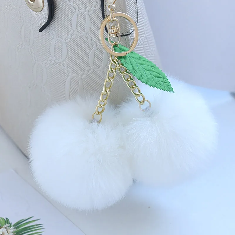 Original Cherry Pompom Ball Keychain Fluffy Faux Rabbit Fur Pompon Key Chain Pom Pom Toy Keyring Bag Charms Car Trinket