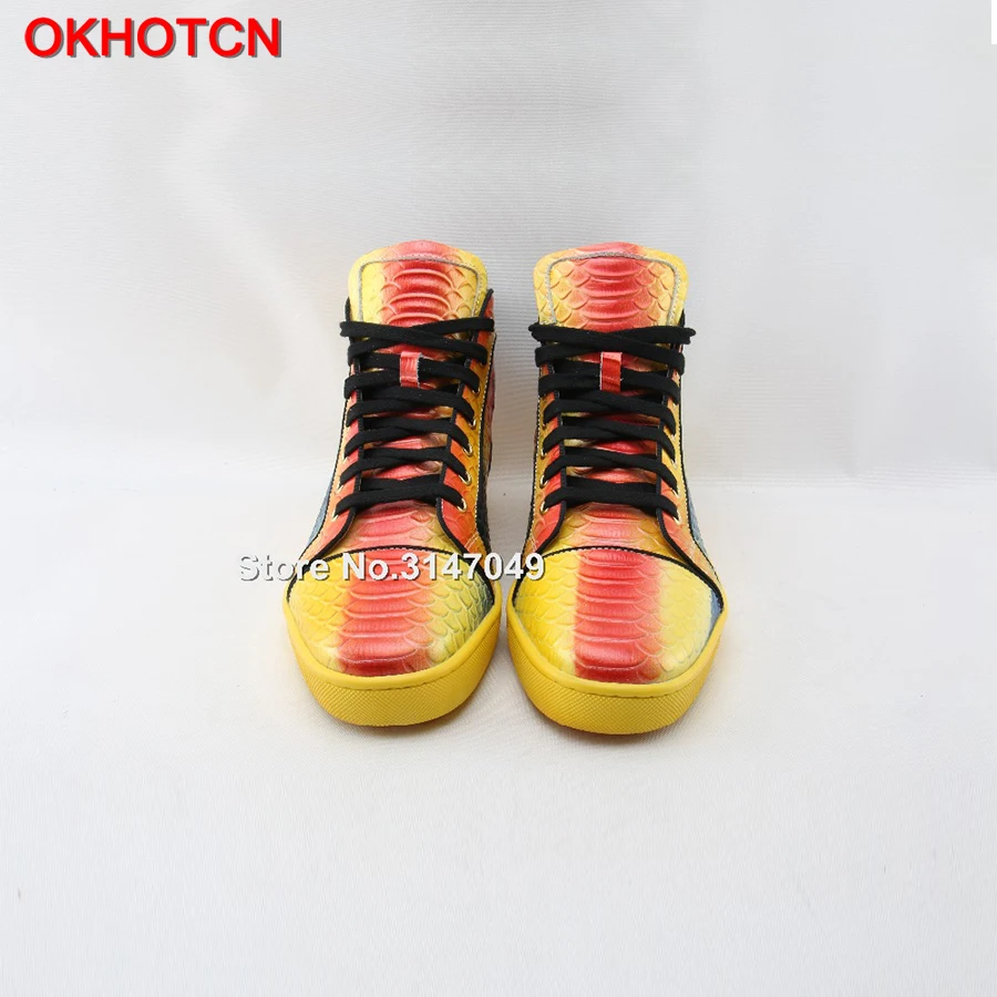 OKHOTCN New Lace Up High Top Genuine Leather Men Sneakers Fish Scale Mixed Colors Men Flats Waterproof Colorful Casual Men Shoes