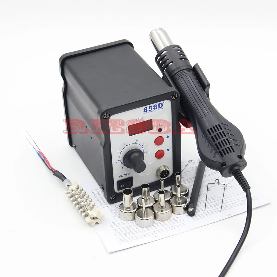 

Hot Air Gun 700W 858D+ ESD Soldering Station Digital Desoldering Station + 7 Air nozzles + Heating core