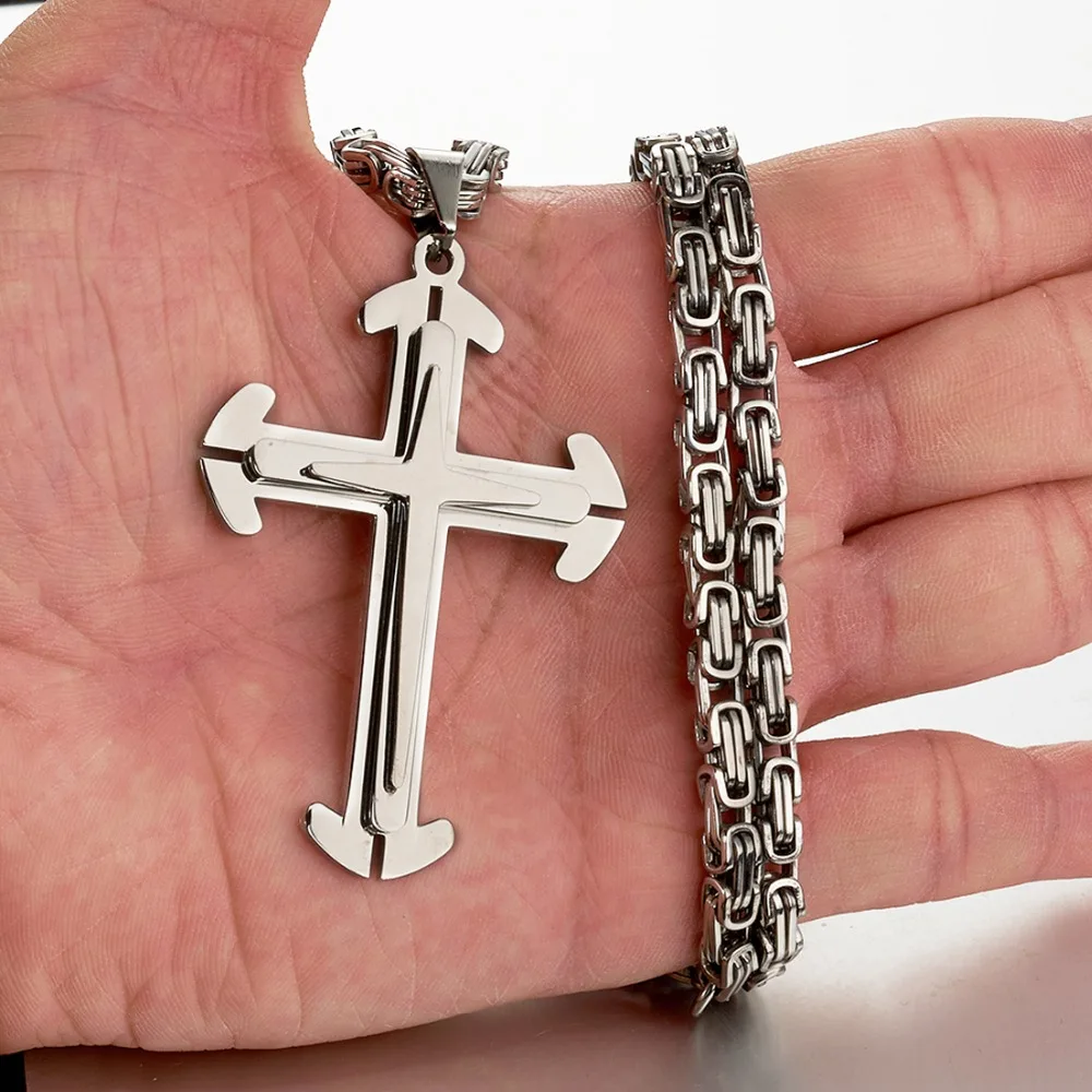 Fashion Cross Necklace For Men Women Silver Color Stainless Steel Byzantine Catholic Crucifix Pendant Chain Gift