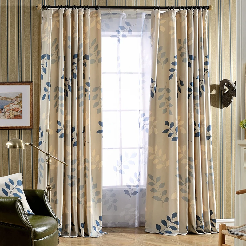 American Country Style Window Curtain For Living Room Leaves Printed Drapes Bedroom Linen Flocking Tulle Curtain