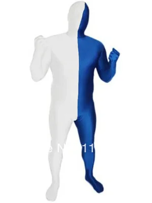 White & Blue Split Spandex Full body Zentai Suit