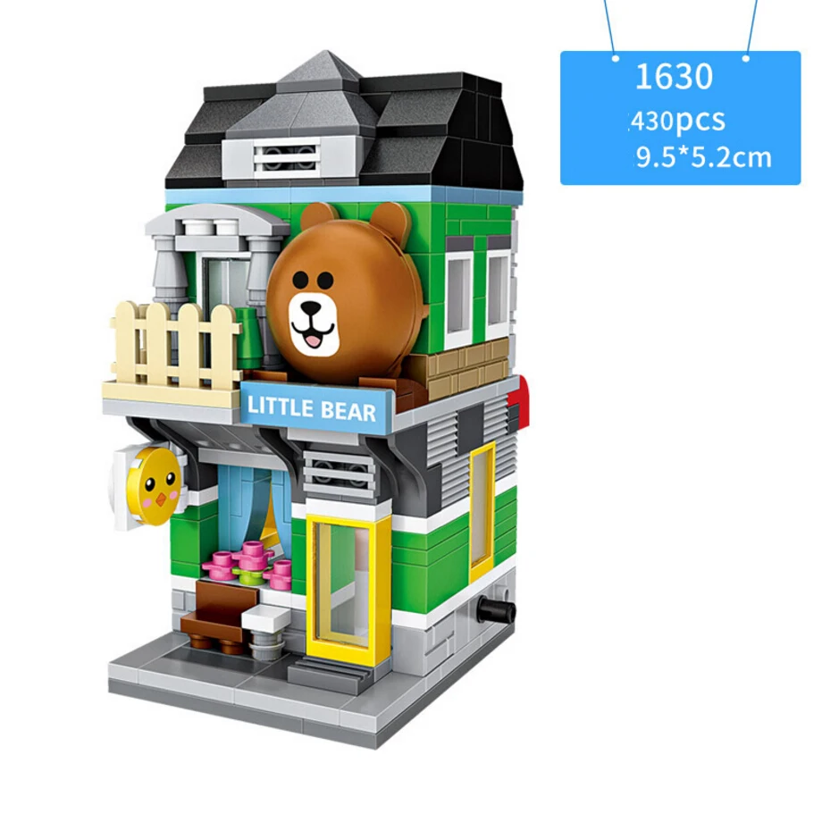City Street View Mini Block Cat Cosmetics Shop Little Bear Store Japanese Restaurant Shopping Mall Building Bricks Toys For Gift