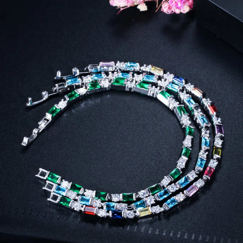 CWWZircons Fashion CZ Charm Lovely Red Green Blue Austrian Crystal Tennis Bracelets for Women Christmas New Year Gift CB087