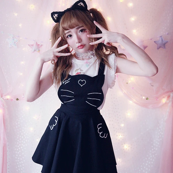 Princess sweet lolita skirt BOBON21 sauce three sisters adorable cat meow cat embroidery strap skirt B1364