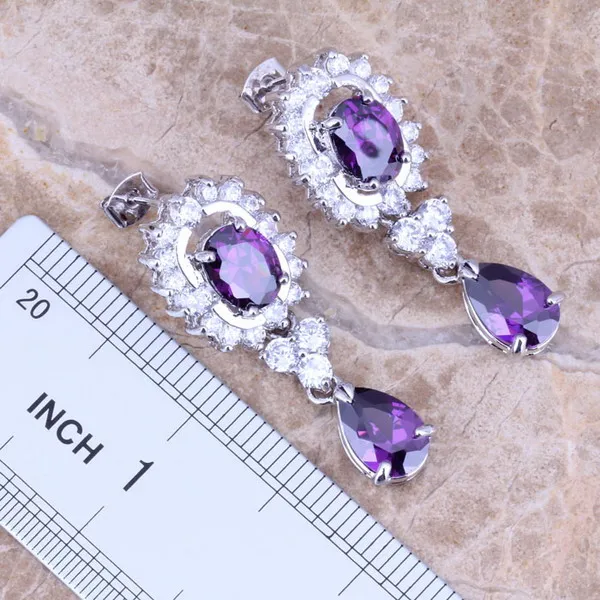 Purple Cubic Zirconia White CZ Silver Plated Jewelry Sets Earrings Pendant Ring Size 6 / 7 / 8 / 9 / 10 S0046