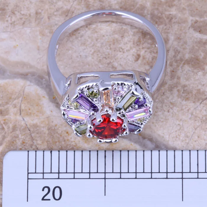 Majestic Multicolor Red Garnet Silver Plated  Women's Jewelry Ring Size 5 / 6 / 7 / 8 / 9 R0786