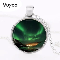 Northern Lights Pendant Necklace Space Nebula Aurora Borealis Green Photo Charm Handmade Vintage Necklace Women Jewelry HZ1