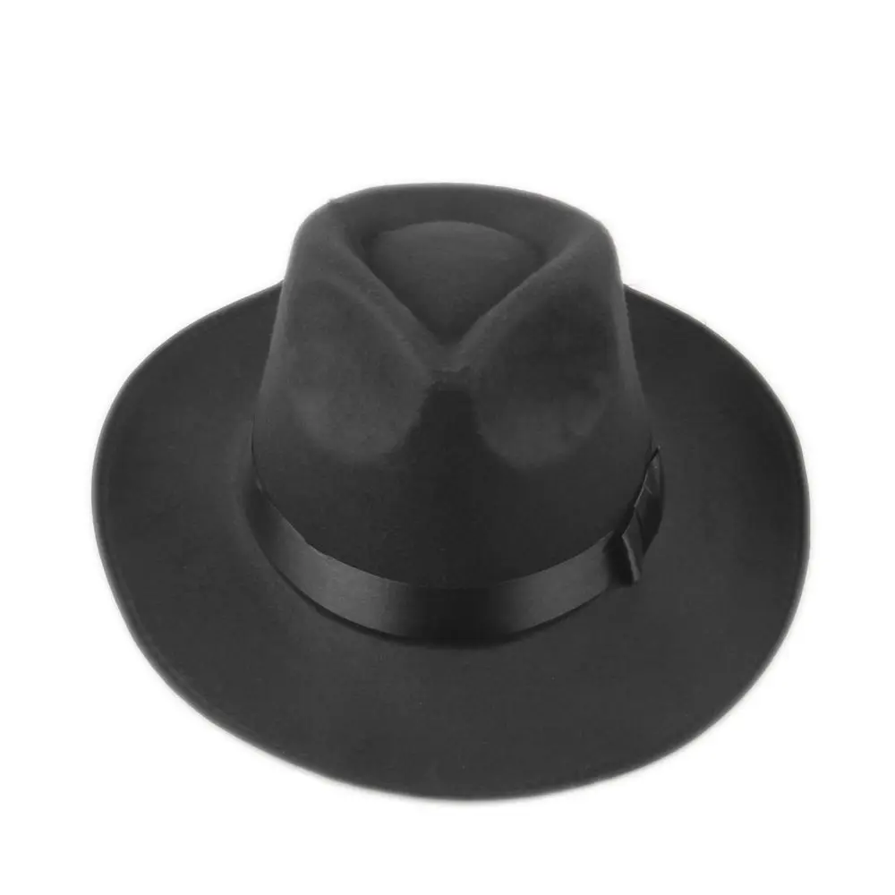 LUCKYLIANJI Vintage Men Women Hard Wool Felt Hat Wide Brim Fedora Trilby Panama Hat Gangster Cap (One Size:58cm)