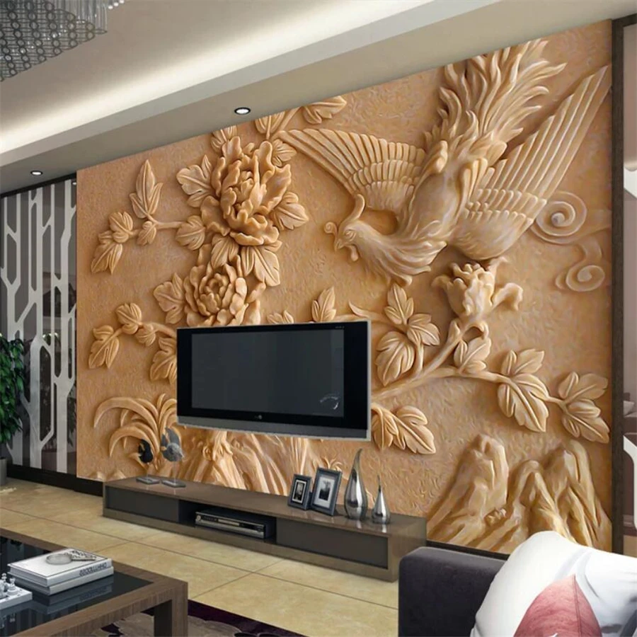 

wellyu Custom Wallpaper 3d Large Fresco Chinese Stereo Relief Phoenix Peony Murals TV Background Wall paper 3d papel de parede