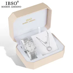 IBSO Brand Women Watch Set Silver Necklace Quartz Watch Set Female Jewelry Set Fashion Creative Crystal Quartz Watch Lady's Gift