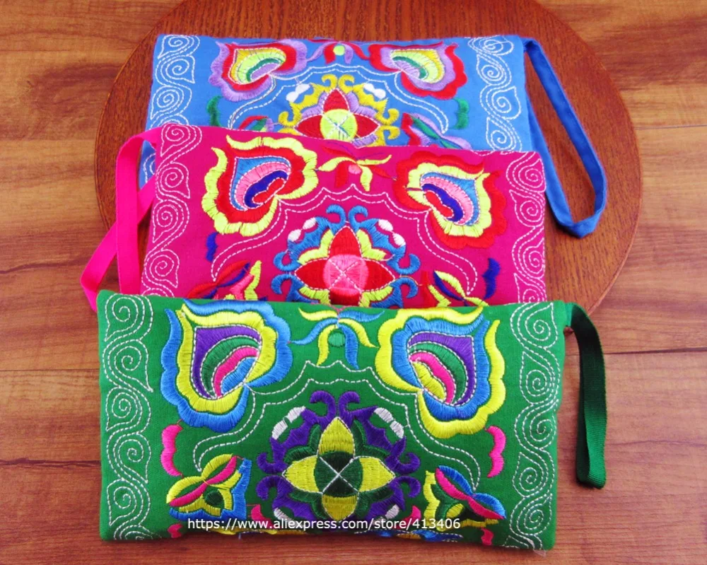 3 PCS Wristlet Vintage Hmong Thai Indian Embroidered Fashionable Clutch Purse, Boho Hippie Ethnic Cosmetic Bag SYS-012B