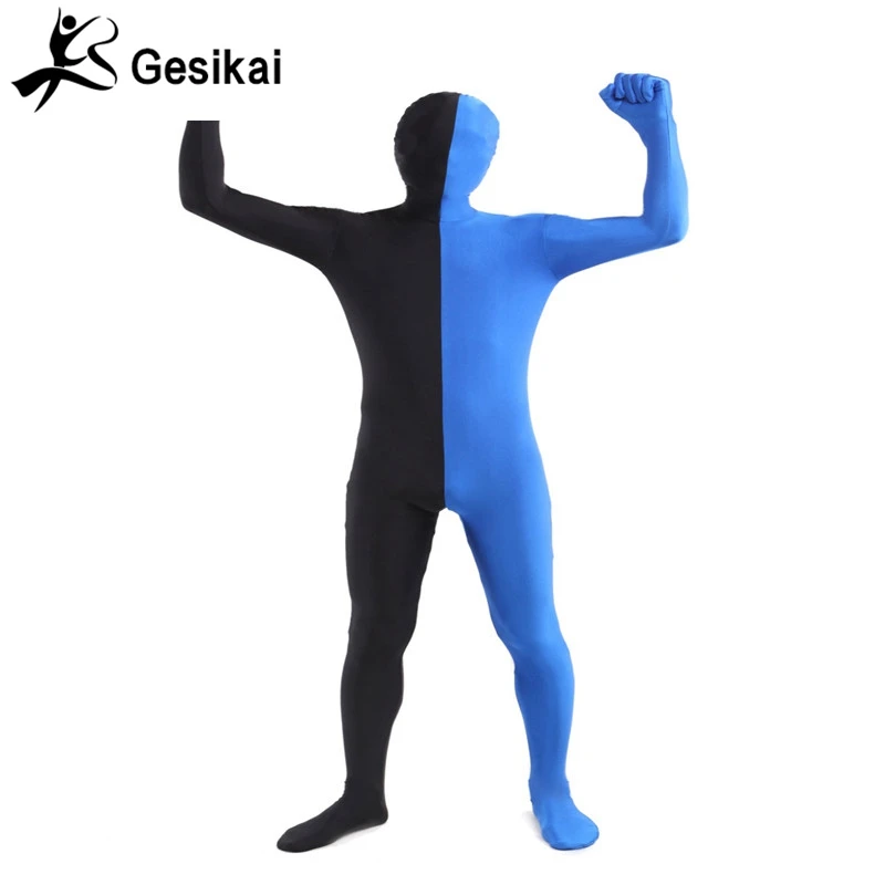 Men's Adult Full Zentai Bodysuit Mixed Color Spandex  Zentai Tights Suit Left Blue and Right Black Halloween Costume