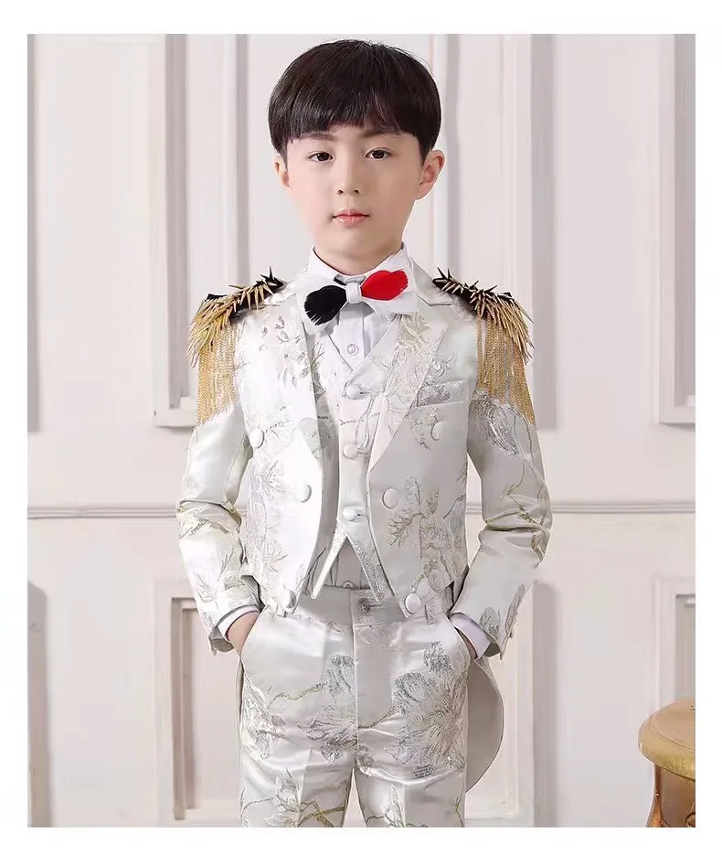 

White Flower Notched Lapel Boy Suits One Button Wedding Suits Children Party Tuxedos boys Smoking blazer (jacket+pant+vest)