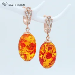 S&Z DESIGN New Fashion Oval Flower Ambers Dangle Earrings 585 Rose Gold Color Ethnic Eardrop For Women Girl Wedding Jewelry