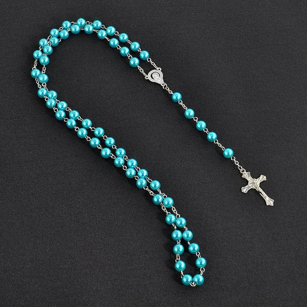 Rosary Handmade Round Glass Imitation Pearl Bead Alloy Cross Pendant Christian Catholic Religious Necklace Multiple Colors