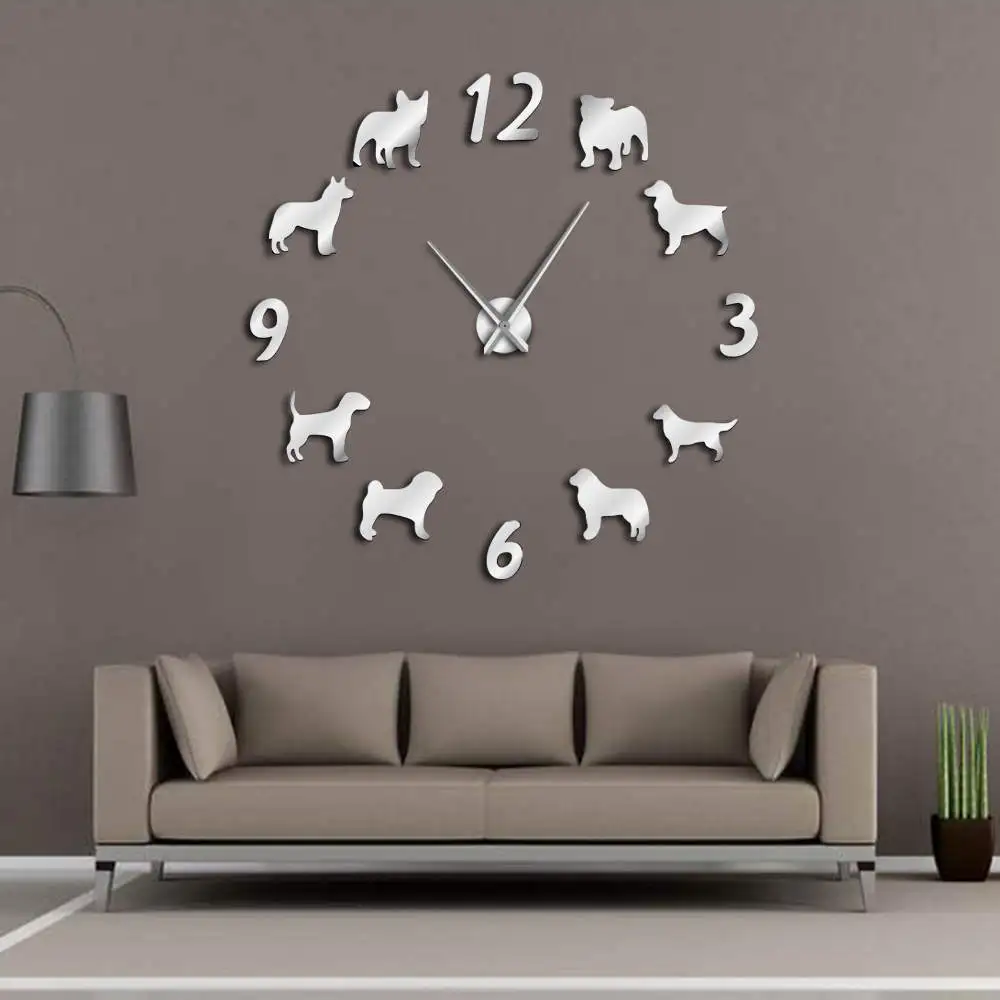 Reloj de pared grande de diferentes razas de perros, amantes de los perros, propietarios de mascotas, decoración del hogar, reloj de pared gigante, diseño moderno, reloj de pared para cachorros DIY
