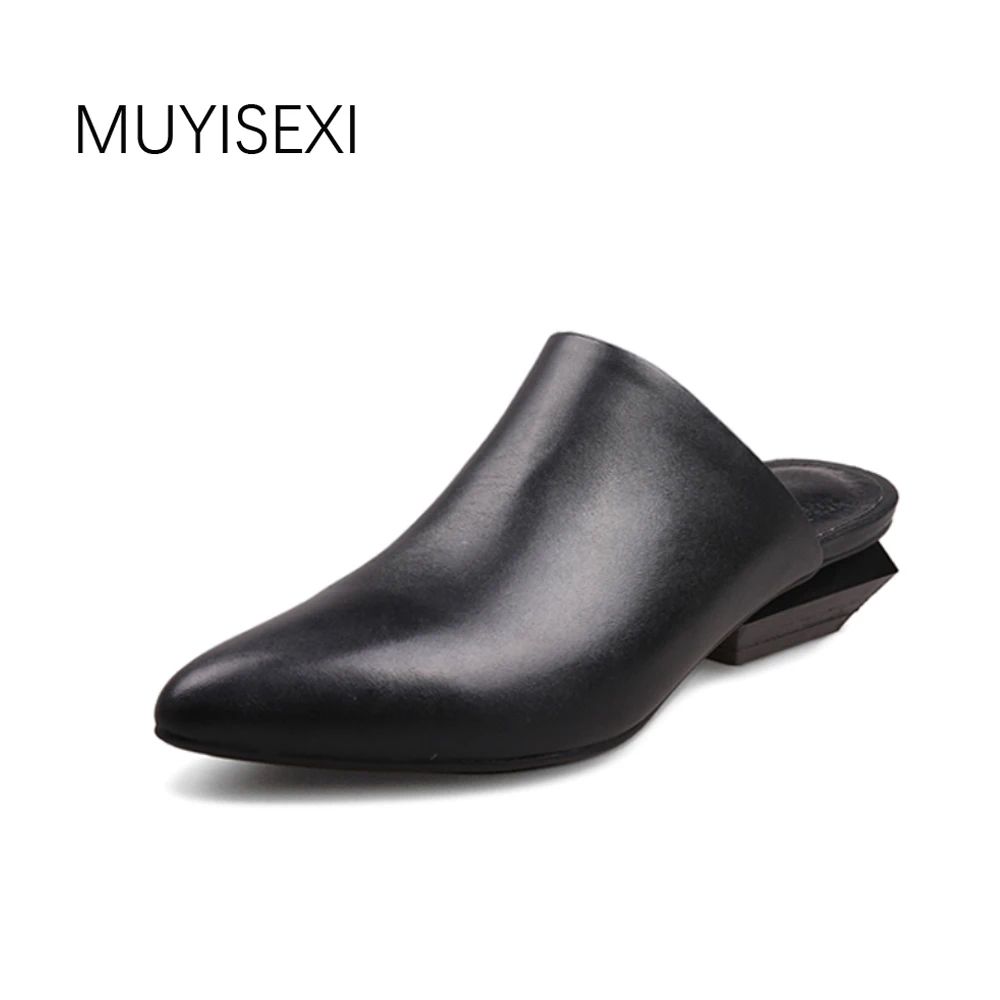 Mules Women Slippers Genuine Leather Pointed Toe 3cm Strange Heel Spring Autumn High Heels Shoes Gray Black White HL033 MUYISEXI