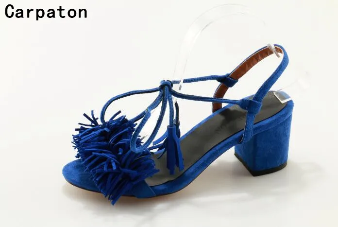 

Carpaton open toe sandals for women high thick heel shoes fringe design lace up sandals blue sandals ladies sweet party shoes