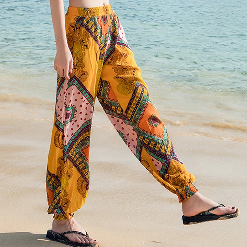 

Women Thin Beach Pants Bohemian Spring Summer Trousers Female High Waist Harem Pant Loose Print Bloomers Teenager