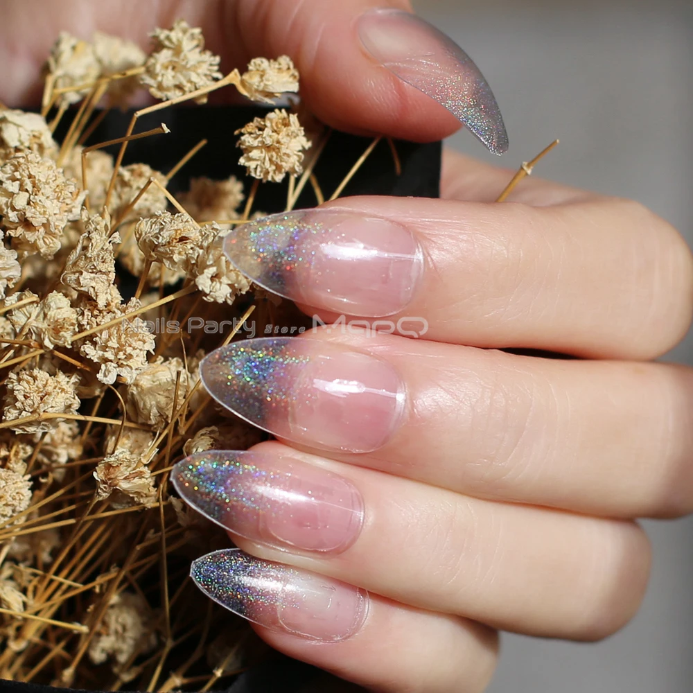 Holografische Ombre Clear Fake nagel stiletto nagels zwart medium Laser Kunstnagels punt Tip 24pcs roze Meisjesdecoratie