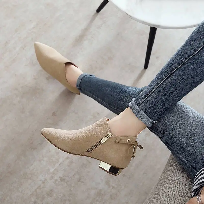 Newest Pointed Toe Women High Heel Boots Large Size Single Suede Zippers Female Ankle Boots Spring Women Boots