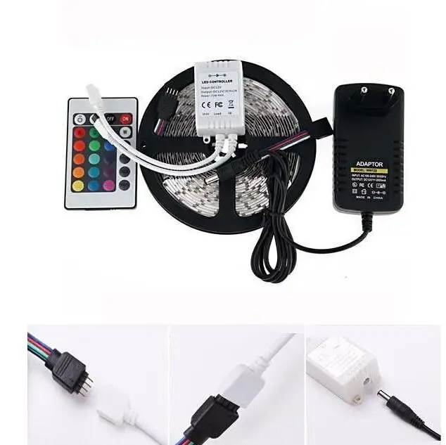 

RGB LED Strip 5M 300Led 3528 SMD Waterproof 24Key IR Remote Controller 12V 2A Power Adapter Flexible Light Led Tape Lamps