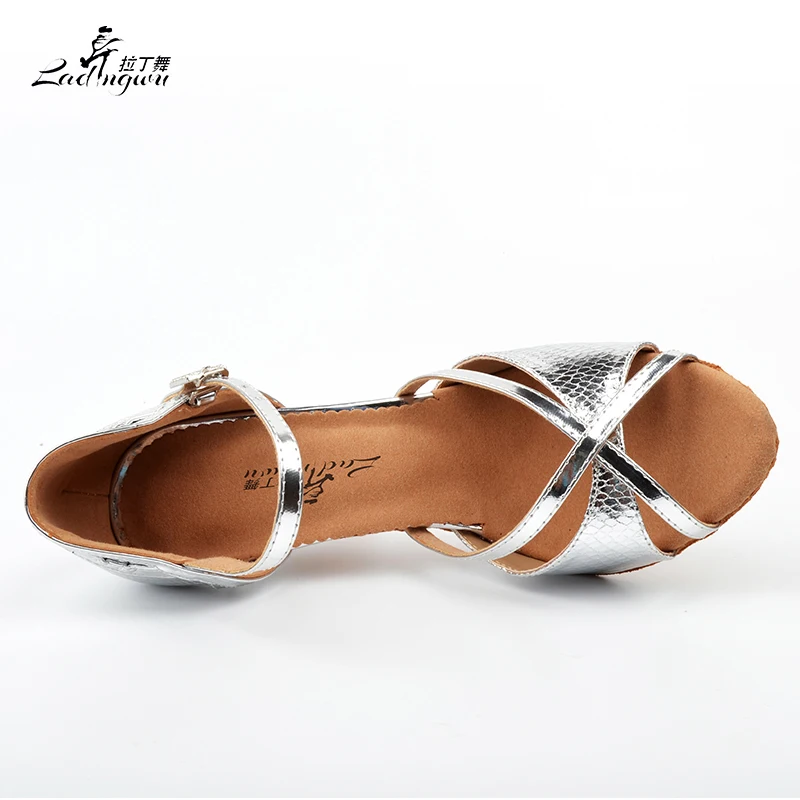 Ladingwu 2018 New Snake texture PU Silver Shoes For Women Dance Shoes Ladies Latin Ballroom Salsa Dance Shoes Women Sandals