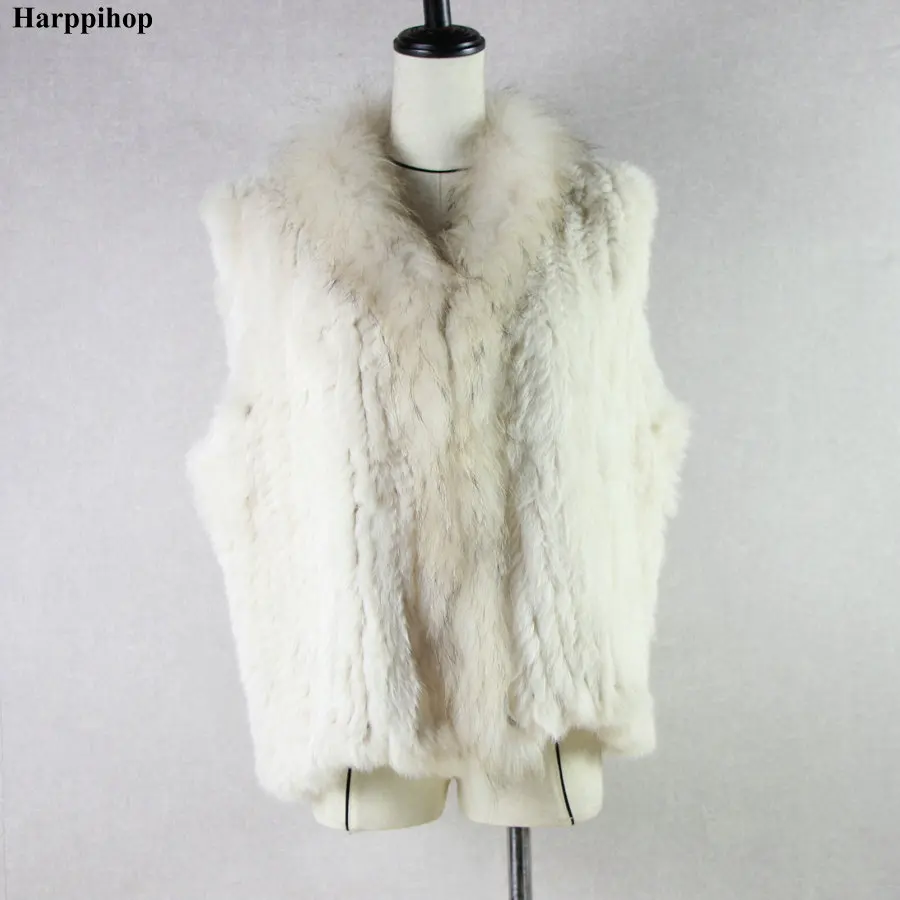 Harppihop veste natural coelho real,, colete de pele com gola de guaxinim colete/casacos coelho malha inverno