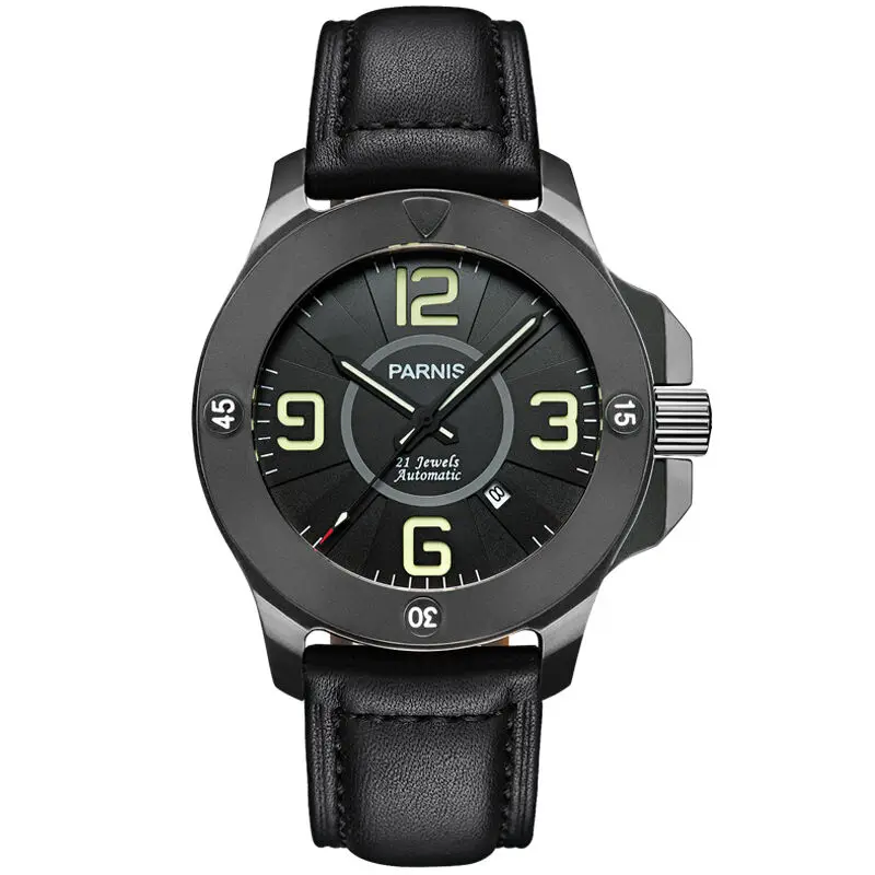 Parnis Commander Seriers Luminous Mens Sapphire Glass Leather Watchband Military Sport Automatic Mechanical Watch Wristwatch