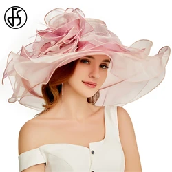 FS 2024 Pink Organza Church Hats For Women Elegant Large Brim Tea Party Wedding Cap Big Flower Fascinator Kentucky Derby Hat