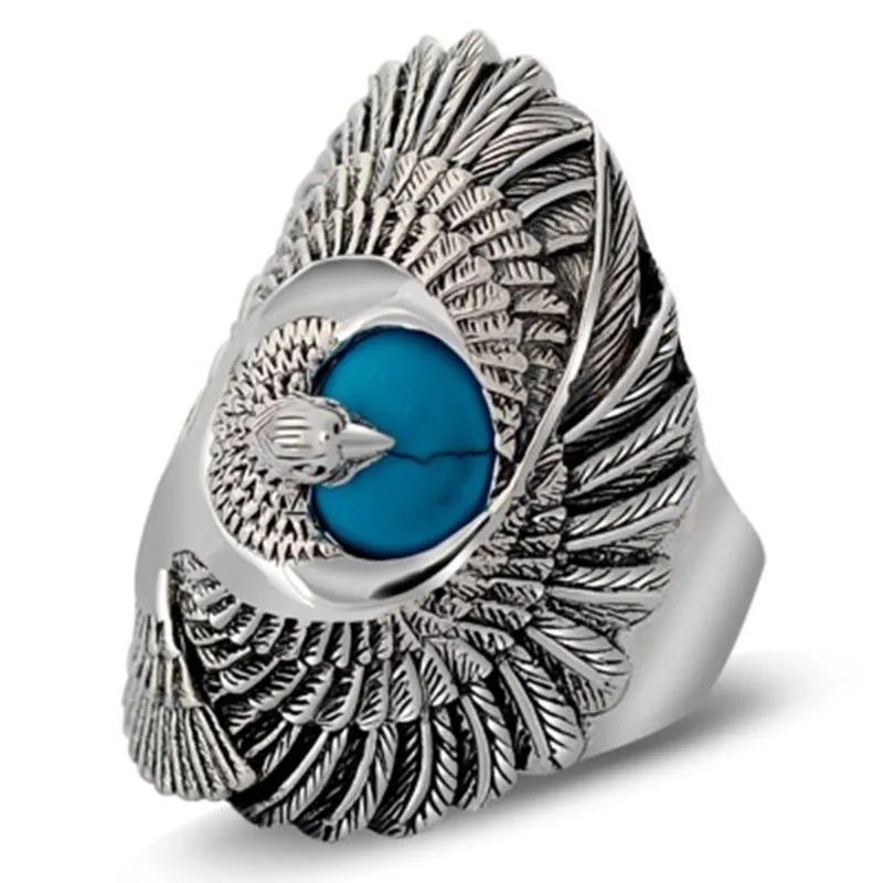 100% Real 925 Sterling Silver Ring with Natural Turquoises  Hand Carved Eagle Wings Rings for Unisex Thai Silver Jewelry