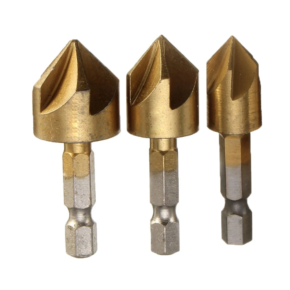 3Pcs 12/16/19Mm 5 Fluit Afschuining Countersink 1/4 "Hex Shank Hss 90 Graden Hout afkanten Cutter Afschuining Verzinkboor Boor