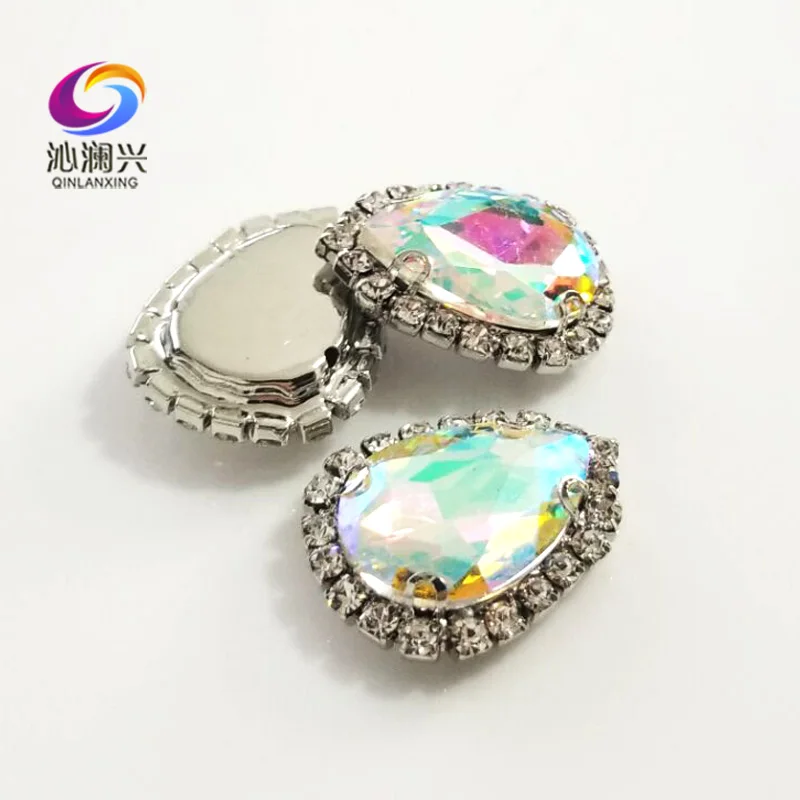 Top Grade Silver Bottom Glass Crystal Buckle, AB Color Drop Shape Sew on Rhinestones,Diy/wedding Decoration SWSKY06