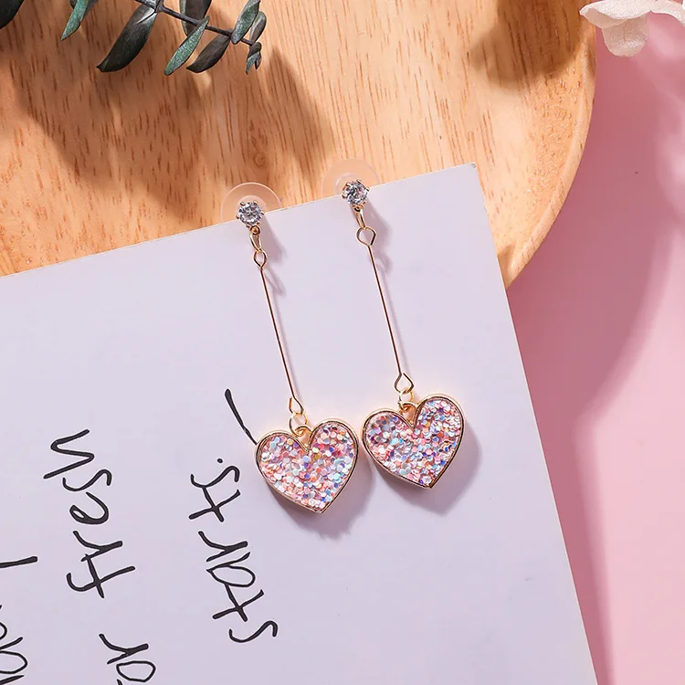 Korean Fashion Sweet Romantic Girl Pink Sequin Love Long Exquisite Pendant Earrings Temperament Wild Bride Earrings Gift