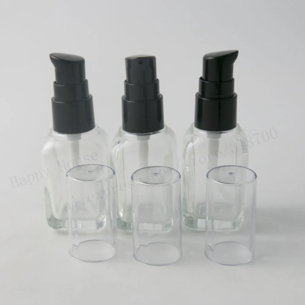 新到着 20/ロット 30 ミリリットル透明正方形ガラスエッセンシャルオイル容器黒ポンプ付き 1 オンスガラスクリアローションポンプボトル
