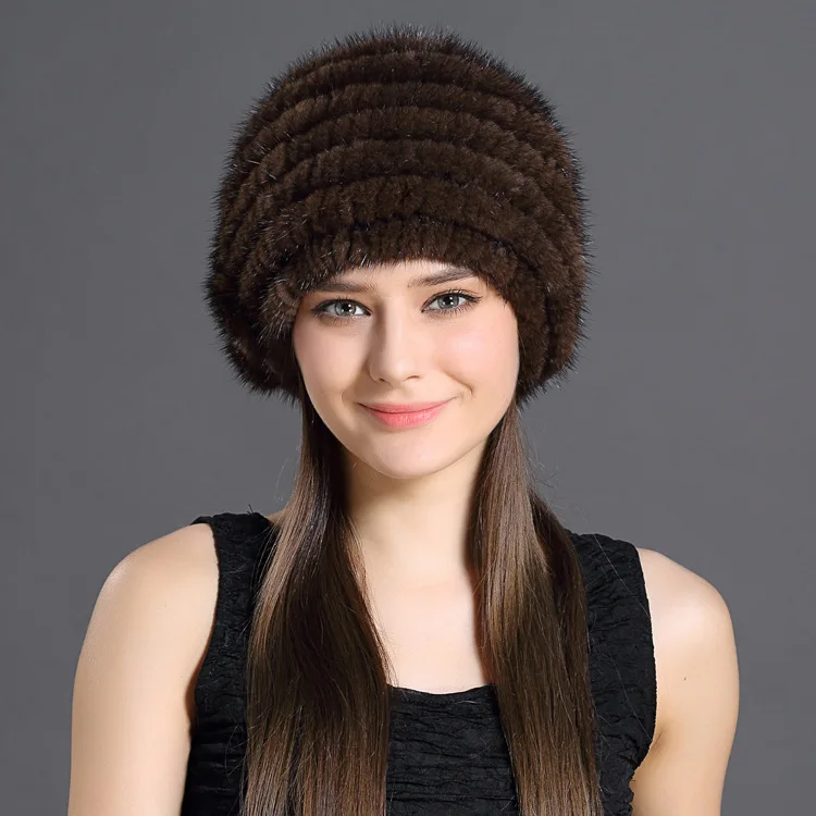 

Real Fur Hat Women New Winter Natural Mink Fur Hat Lining Knitted Beanie Red Wine Elegant Brown Black Solid Hat