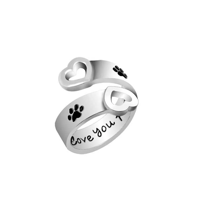 I will love you forever Pet paw prints rings Pet lover Dog Cat Memorial black Enamel Ring men Cute Puppy Paw Ring Jewelry couple
