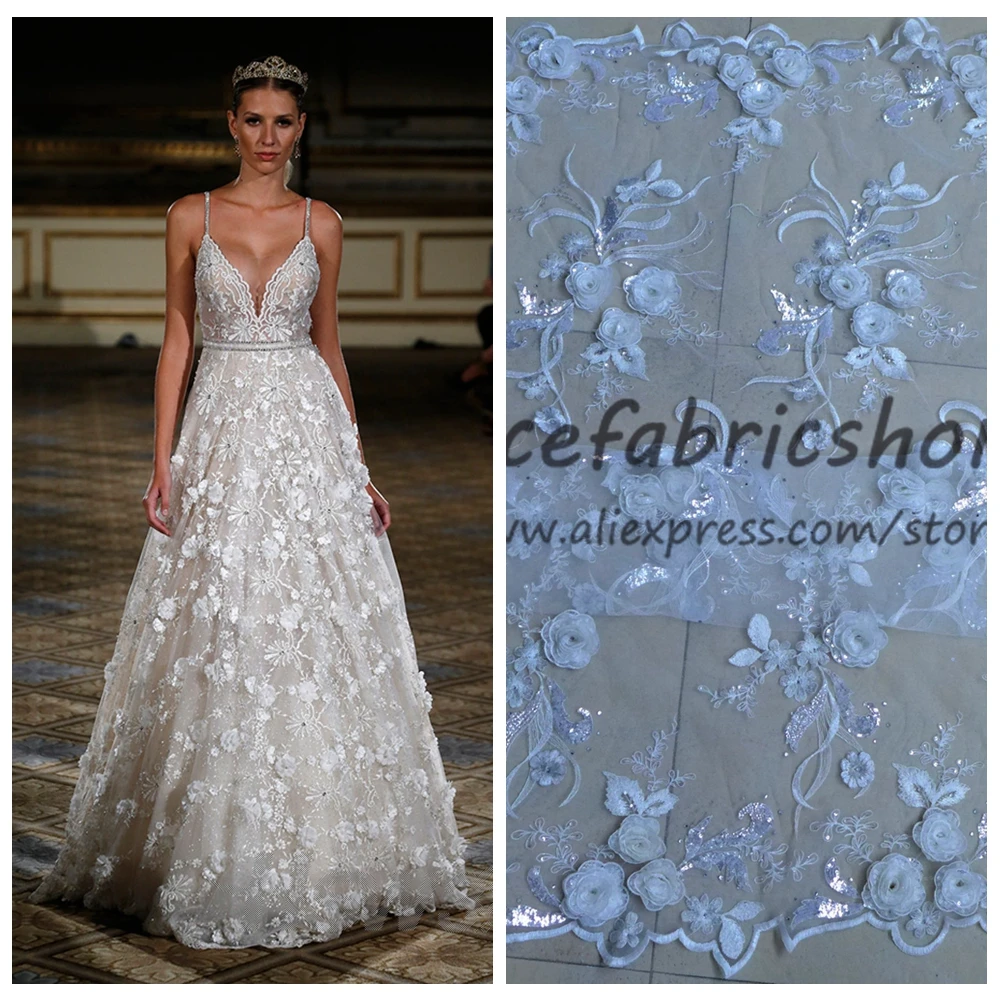 

New fashion off white sparkling sequins 3D rose flowers on net embroidery fabric bridal evinging show dress lace fabric 130cm