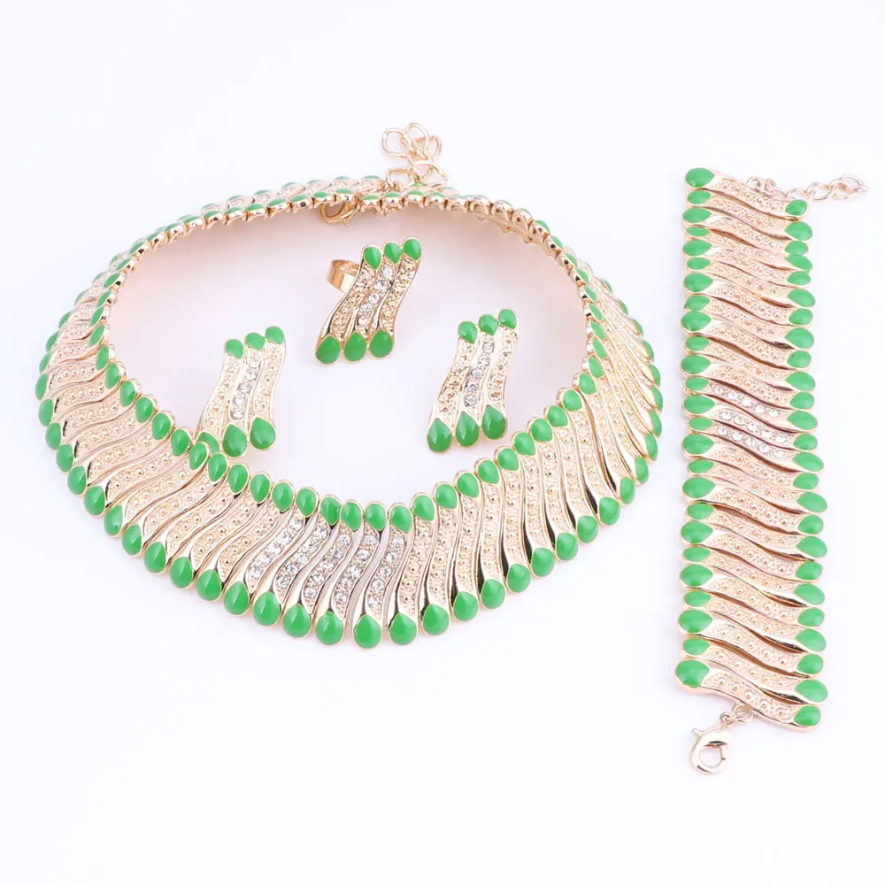 Women Dubai Gold Color Jewelry Sets Crystal Necklaces Earrings Ring Bracelet Wedding Party Accessories