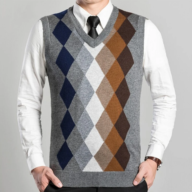 

Fashion Design Sleeveless Male Cashmere V Neck Sweater Vest Men Knitted Waistcoat Argyle Plaid Pattern