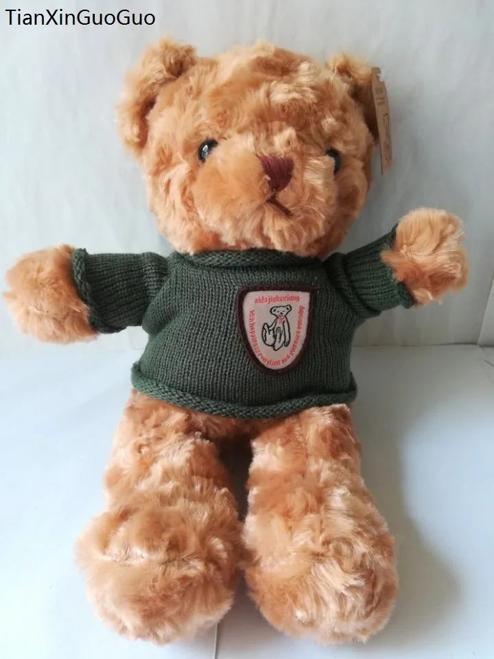 about 30cm lovely brown teddy bear with green sweater ,soft plush toy Christmas gift w0327