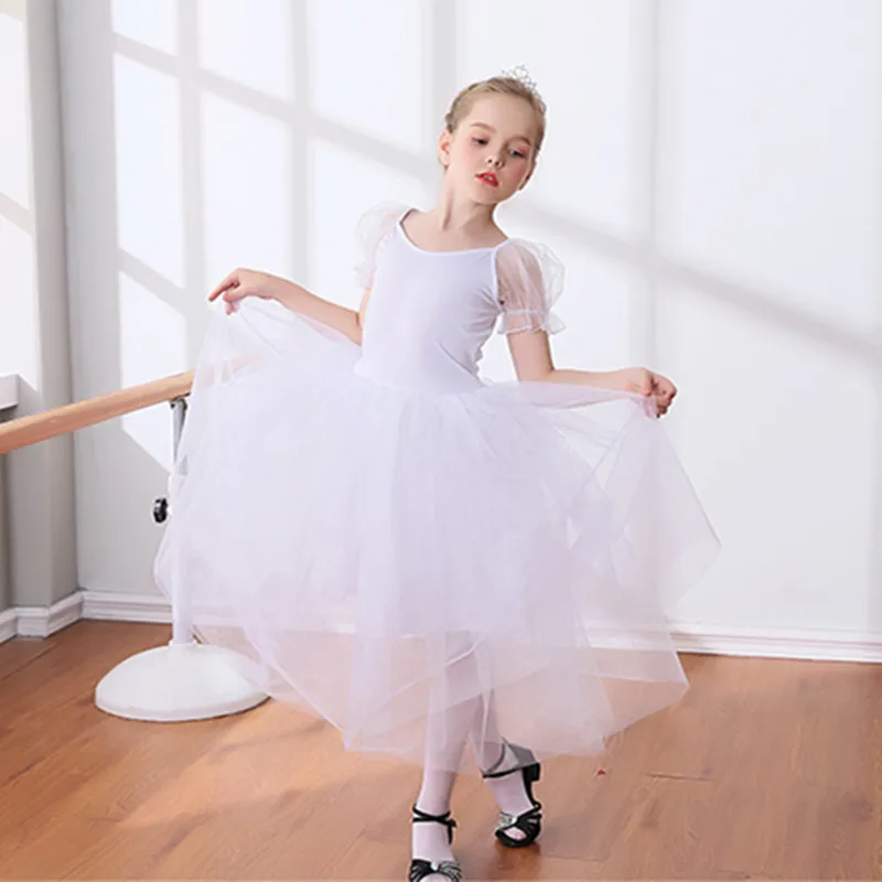 Girls Ballet Tutu Children Long Skirt Bubble Sleeves White Princess Dress Swan Lake Costumes Kids Practice Performance Dacewear