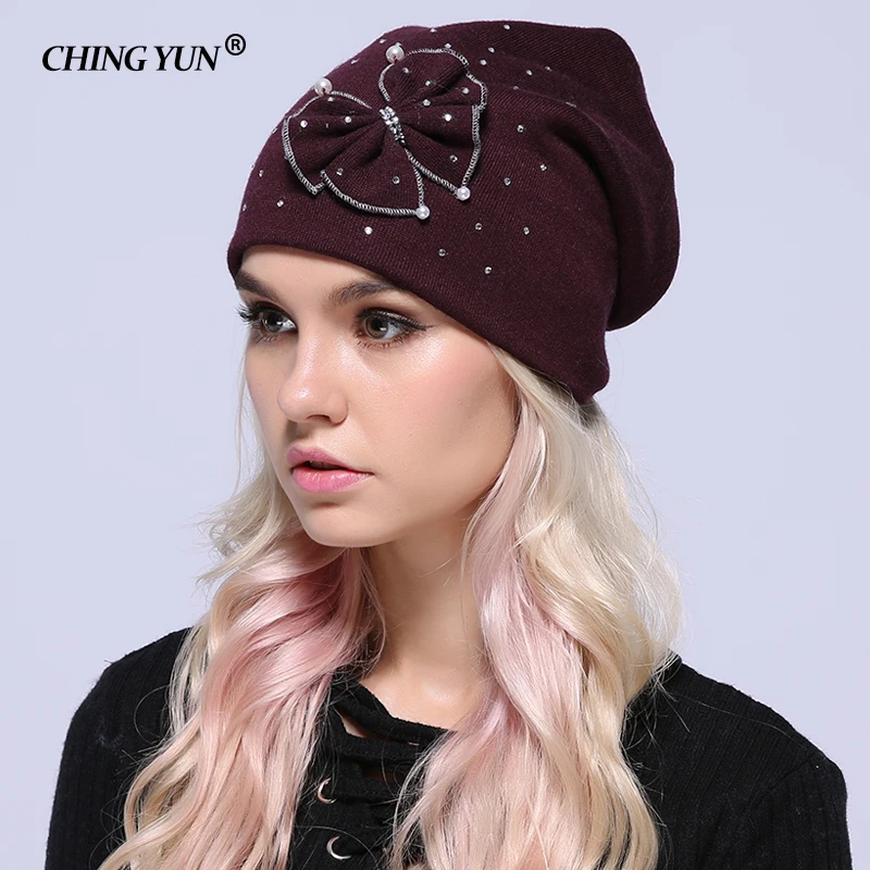 

Winter flower Hat Ladies Knit crystals Hats For Women Beanies Caps Diamond Knitted Cap With Ear Flaps woman hats accessories