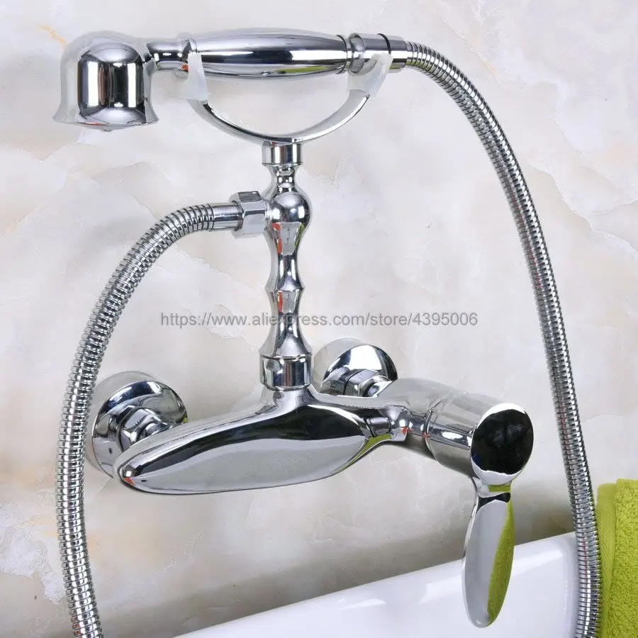 

Polished Chrome Wall Mounted Bathroom Bathtub Shower Faucet Set Mixer Tap With Hand Shower set Bna179