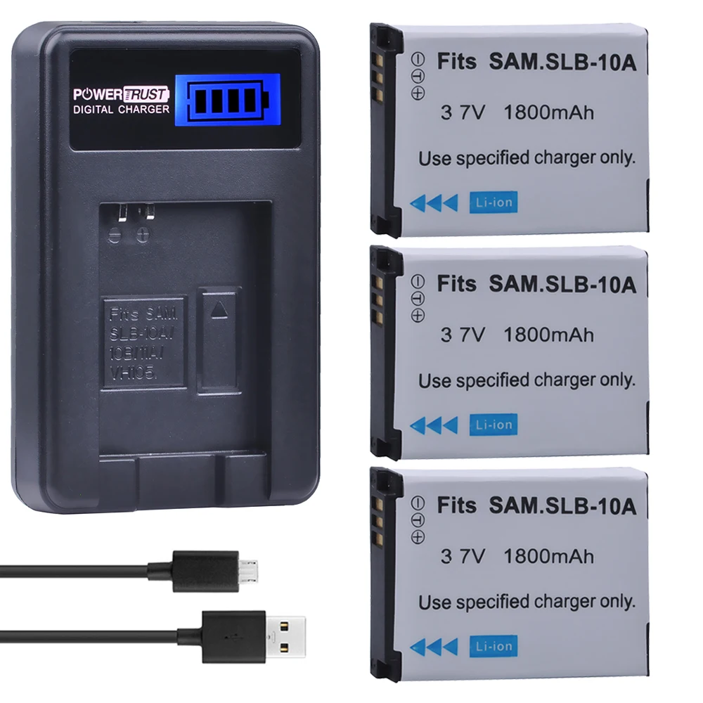 3Pcs SLB-10A SLB10A SLB 10A Camera Battery + LCD USB Charger for Samsung EX2F WB150F WB250F WB350F WB750 WB800F WB500 WB550 HZ10