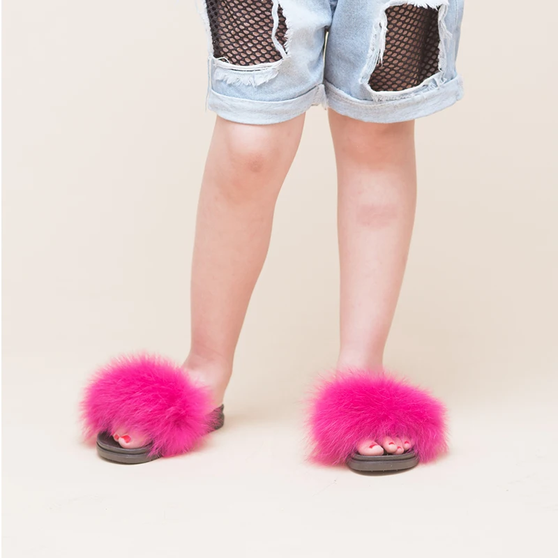 Real Fox Hair Slippers Kids Fur Home Fluffy Sliders Winter Plush Furry Summer Flats Sweet Baby Shoes Large Size 35 Pantufas