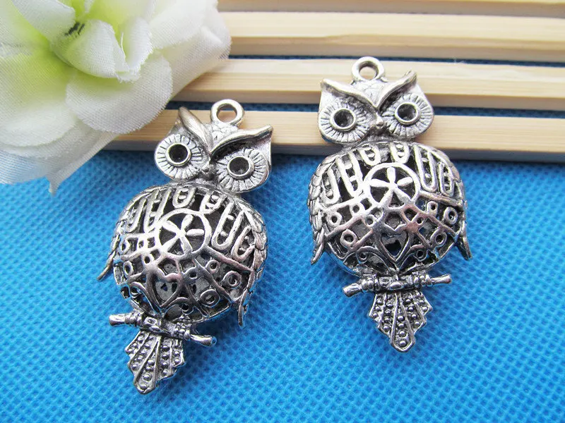 2pcs 29mmx51mm Antique Silver tone Heavy Cabinet Cute Filigree Hollow Night Owl Pendant Charm,fit Rhinestone, DIY Accessory