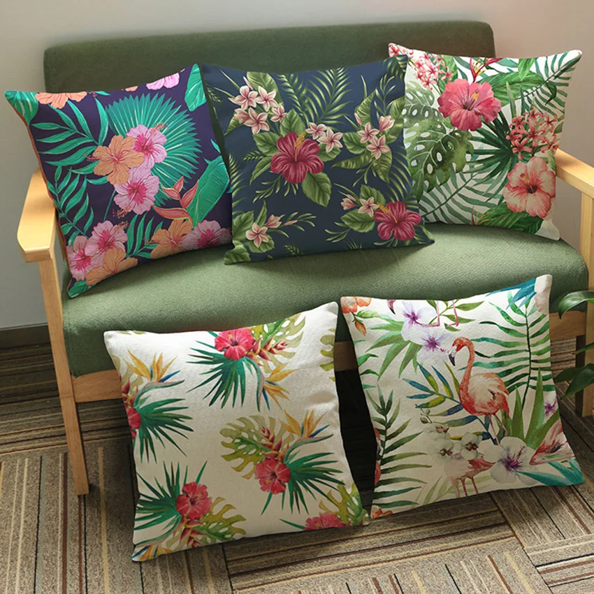 Tropical Plant Leaves Flowers Flamingo Bird Parrot Home Decoration Couch Cushion Office Chair Back Pillow for Sofa Linen Cotton